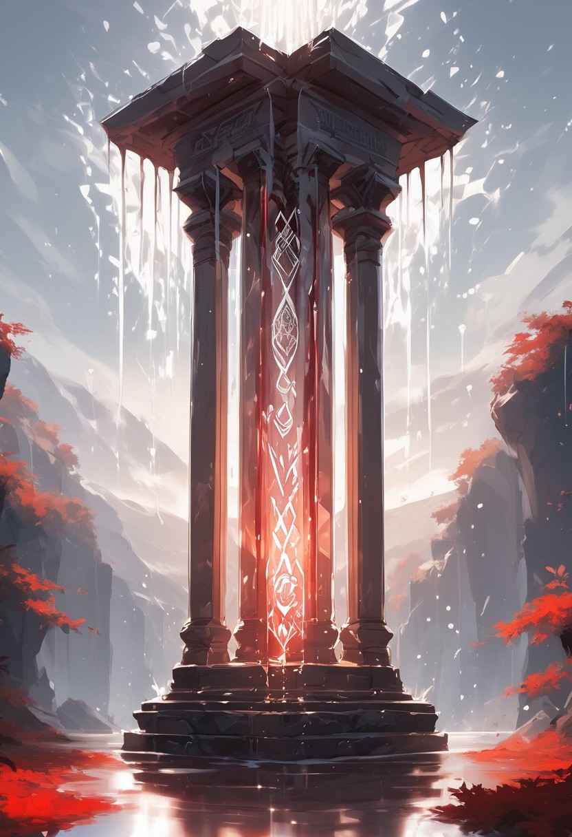(masterpiece), best quality, Symphtia-Style, Anime, (Floating Diamond, Dripping Liquid), White Background, No Humans, White and Red Theme, (Ancient Runes, Glowing Runes, Light Refraction), Above A Pillar, Symphtia-Style, Zyrnox-Exoterra Style
