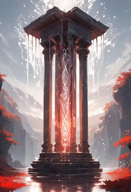 (masterpiece), best quality, Symphtia-Style, Anime, (Floating Diamond, Dripping Liquid), White Background, No Humans, White and Red Theme, (Ancient Runes, Glowing Runes, Light Refraction), Above A Pillar, Symphtia-Style, Zyrnox-Exoterra Style