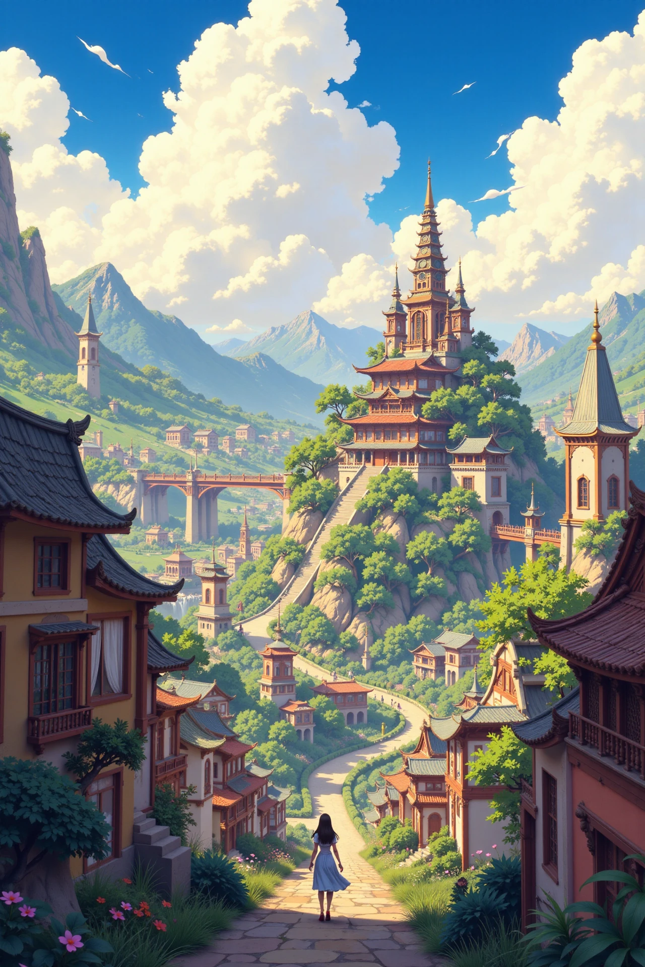 An oriental fantasy city beautiful  landscape, cloudy sky, woman, very intricate, very detailed, sharp, bright, colorful, <lora:Hand v2:0.5> <lora:Anti-Blur:1><lora:Insane Detail Slider:0.25>  <lora:flux.1_lora_flyway_Epic-detail_v2:0.3> <lora:fluxenhancer:0.25> <lora:ROWER:0.6> <lora:flux-charmer-v1-1:0.4> <lora:Anime art - Variant 3:0.6> Anime art