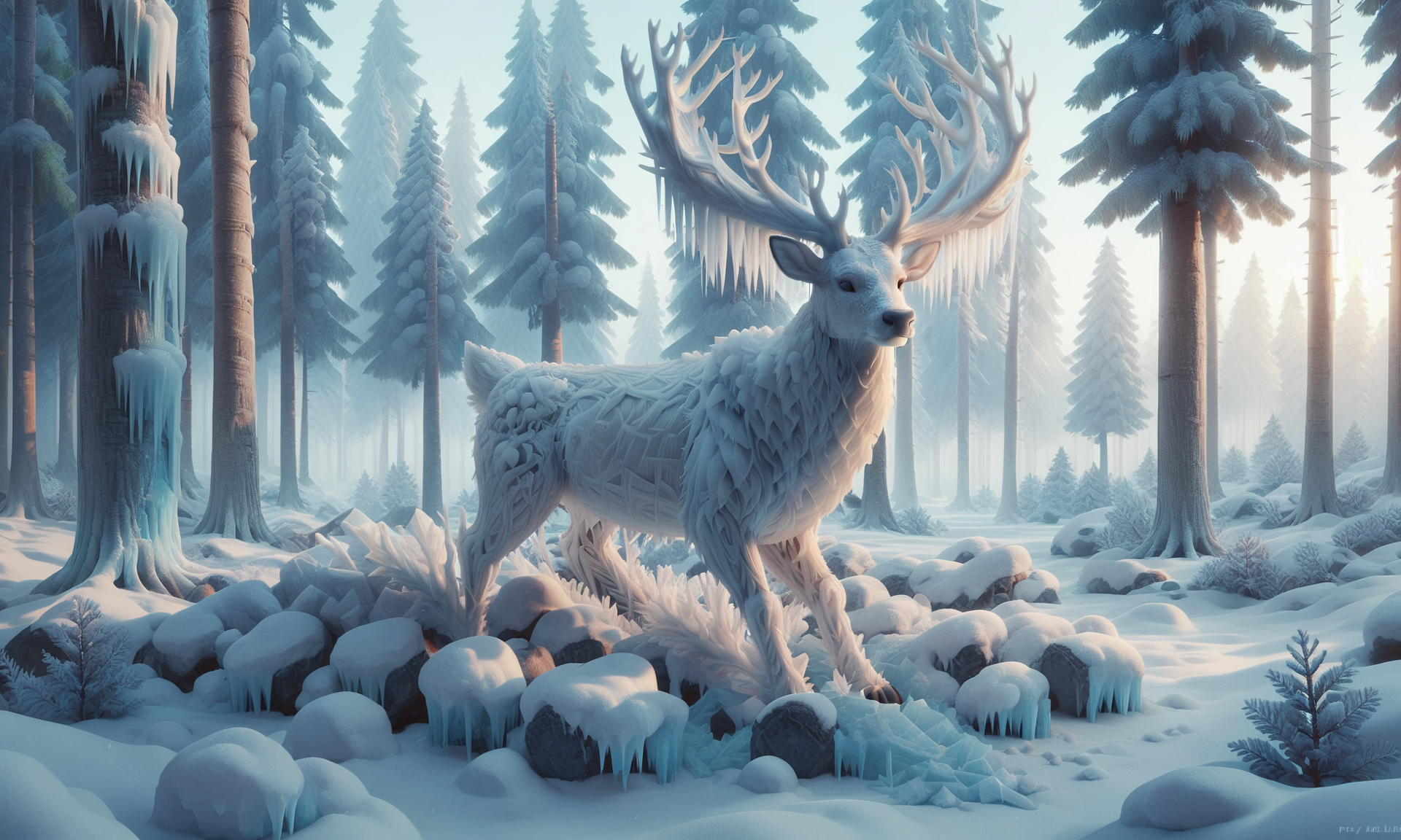 score_9, score_8_up, score_7_up, score_6_up, score_5_up, score_4_up, fr0stwrld, snow, ice <lora:Fr0stWrld4:1.0> BREAK
forest, pine tree, animal, deer, white body, antlers