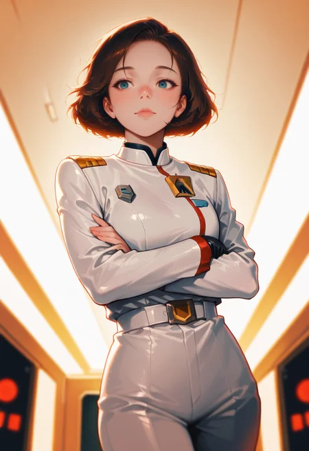 8K, depth of field, focused subject, dynamic angle, best quality, detailed eyes, perfect eyes, realistic eyes,
<lora:cospl4_by_readandsign_v3:0.85> gr43po
hcarolin, a woman in a white suit standing in a room with lights on the ceiling and a circular light behind her, Star Trek setting, retrofuturism, freckles, crossed arms, masterpiece, best quality,