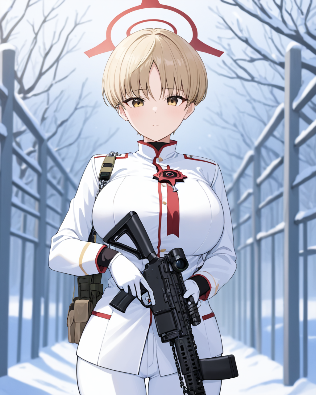 marina \(blue archive\),1girl, solo, white_gloves, parted_lips, white_jacket, long_sleeves, looking_at_viewer, white_pants, halo, large_breasts, rifle, bare_tree, chain-link_fence, outdoors, blurry_background, snow, military_uniform
<lora:marina_(blue_archive)_image369_2023-11-28-000020:1>halo. gorgeous,key visual, vibrant, studio anime,award-winning, professional, highly detailed,high budget, cinemascope