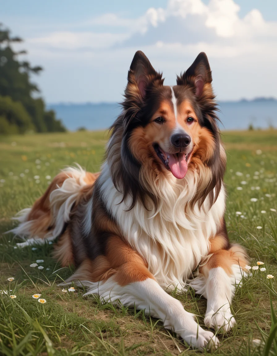 score_9, score_8_up, score_7_up, score_6_up, score_5_up, score_4_up, hud_c0llie_can1ne, no humans, dog, tongue out, <lora:collie:0.8>, outdoors, full body, on stomach, lying