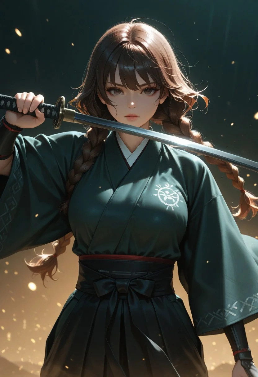 lazypos, 1girl, solo, medium breasts, (samurai:1.2), dark green kimono, curly hair, shoulder-length hair, brown hair, twin braids, twin braids at the front, detailed eyes, grayish brown eyes, black Hakama, backlighting, cowboy shot, holding katana, weapon focus, reflection on blade, night, dynamic pose, intense, abstract background, act, cyberpunk, neon <lora:TrendCraft_The_Peoples_Style_Detailer-v2.1A-3_12_2025-JANKU:0.2>