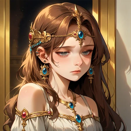 score_9, score_8_up, score_7_up, source_anime,((masterpiece, best quality, illustration)) Pito, 1girl, solo, long brown hair, grey eyes, tired eyes, Goddess Form, cute face, beautiful features, small stature, cute, ear piercings, circlet, linen dress, off shoulder