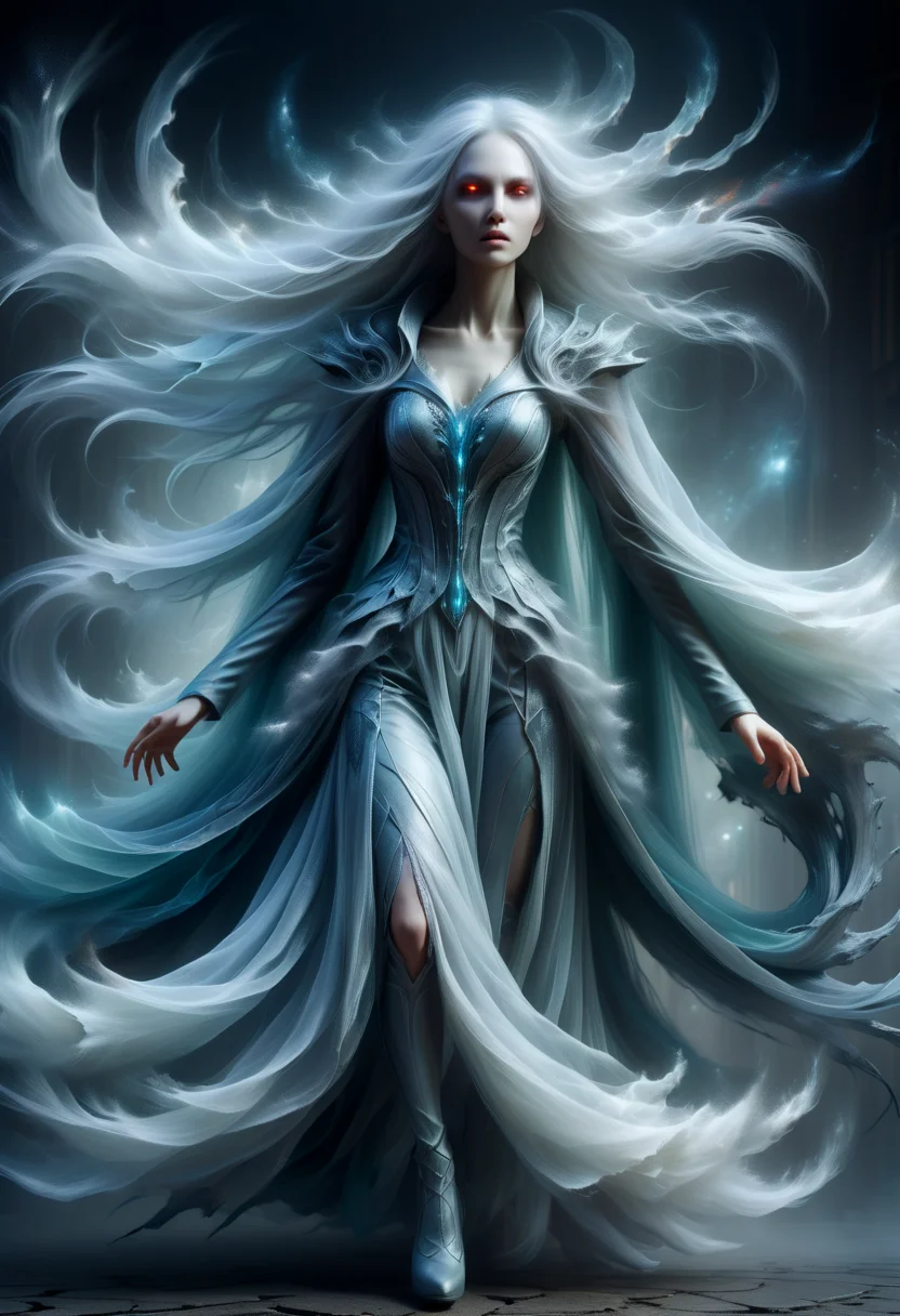 hyper detailed masterpiece, dynamic realistic digital art, awesome quality, transluscent ethereal otherworldly unnatural nebulous incorporeal phantasmal nebulous vaporous phantasmal ghostly soul specter, long flowing silver hair,pale white lucid skin, fantasy, grayish tattered gown, hands with claws,dim eyes, screaming in agony,eerie, stygical, floating, gliding, omen of death, digital mesh leggings, bright neon circuit hot pants, , dissolving into mist, screaming in agony <lora:DonMB4nsh33XL-v1.1-000004:0.8>
