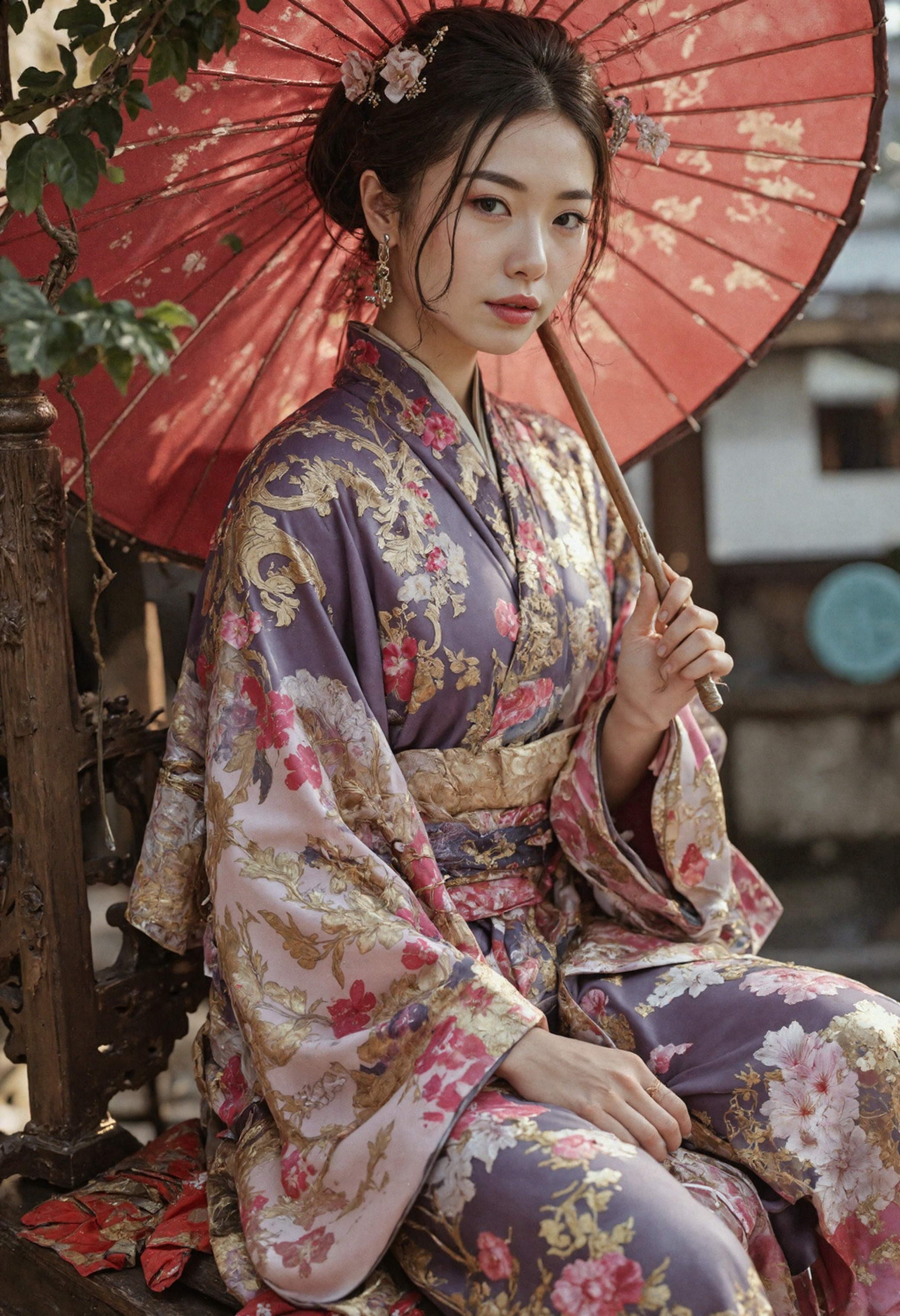 A stunning colored sketch in ink splats style, featuring a Japanese female warrior with long, flowing hair adorned with bangs and sidelocks, complemented by a delicate hair ornament. She sits gracefully in front of an intricately detailed Shinto shrine, her black and red plated armor gleaming with vibrant ink splats that add a dynamic flair to the scene. The warrior exudes strength and elegance, her posture relaxed yet poised, while the background showcases the serene beauty of the shrine, complete with traditional architectural elements and lush greenery. The atmosphere is enriched by a soft, ethereal glow, highlighting the contrast between the vibrant ink colors and the tranquil setting, creating a captivating and immersive visual narrative.âââ