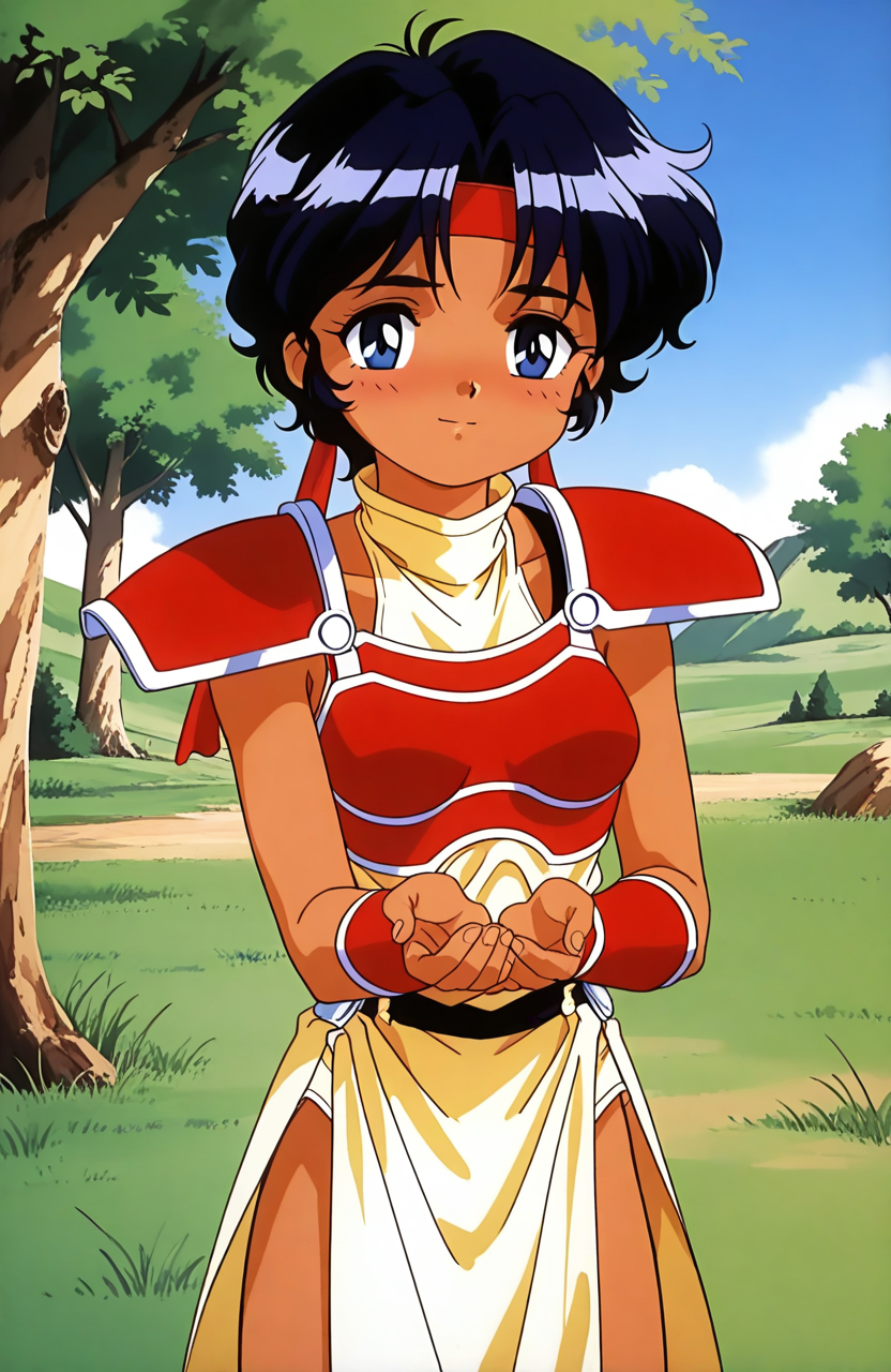 general,highres, ultra-detailed,very aesthetic,best quality ,best hands,  BREAK <lora:Luna_Mahou_Shoujo_Meruru_IS:1>Luna(Mahou_Shoujo_Meruru),1girl,solo, short hair, headband, 
red armor, black hair, shoulder armor, blue eyes, pauldrons, medium breasts,
grass, tree, sky,