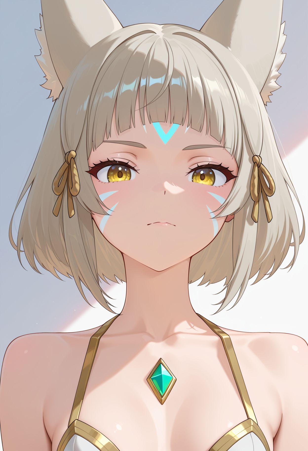 <lora:otokakoto_style_v1_IL-18:1.0> otokakoto_style,  1girl, solo, breasts, looking at viewer, short hair, bangs, animal ears, bare shoulders, closed mouth, collarbone, yellow eyes, grey hair, small breasts, cat ears, blunt bangs, facial mark, portrait, chest jewel, nia (xenoblade)