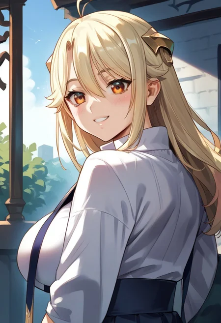 zPDXL3, score_9_up, score_8_up, score_7_up, (Anime_source), 1girl, Shirley Glans, amber eyes, blonde hair, long hair, upper body, looking at viewer, (looking back), parted lips, smile, little blush
