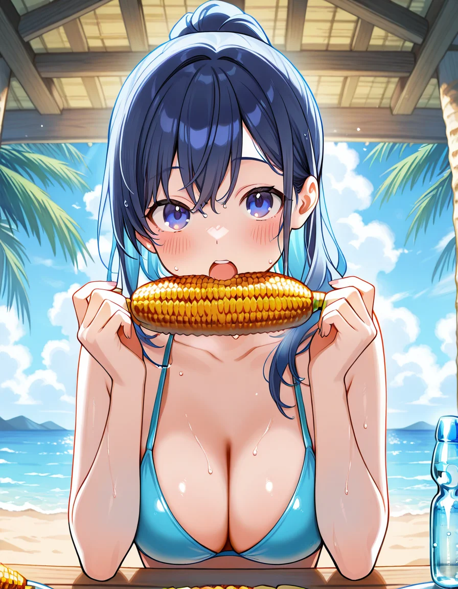 score_7_up, anime BREAK official art, solo, 1girl, one girl, 
<lora:uminoie:0.8>, uminoie, <lora:corn_Illust_v1:0.8>, 
bikini, 1girl, cleavage, open mouth, looking at viewer, food, blush, bottle, solo, tree, collarbone, upper body, holding, indoors, palm tree, wet, table, eating, outdoors, roof, ramune, corn, beach, shop, 
(masterpiece:1.3), best quality, high resolution, unity 8k wallpaper, extremely detailed CG, 8K, (watercolor \(medium\), muted color, sketch:1.1), perfect anatomy, highly finished, masterpiece, best quality, high quality, amazing quality, great quality, very aesthetic, ultra detailed, highres, absurdres, highly detailed, highly detailed background,