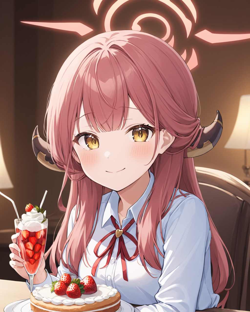 aru \(blue archive\),1girl, solo, halo, neck_ribbon, white_shirt, holding_fork, collared_shirt, looking_at_viewer, red_ribbon, smile, strawberry, closed_mouth, blush, upper_body, demon_horns, plate, drinking_glass, blurry, table, drinking_straw, cake_slice, heart, dress_shirt
<lora:aru_(blue_archive)_image2817_2023-11-25-000009:1>halo. gorgeous,key visual, vibrant, studio anime,award-winning, professional, highly detailed,high budget, cinemascope