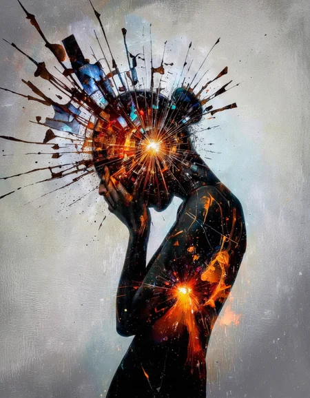 Art by Mario Nevado. This image is a high-quality digital artwork featuring a silhouette of a woman with her hands on her face, expressing distress or sadness. The woman's body is composed of abstract, jagged fragments of what appears to be a shattered mirror, with bright orange and red highlights suggesting intense emotional pain. The background is a textured, pale gray, adding to the somber mood. The image employs dramatic lighting with a focus on the glowing fragments, creating a stark contrast. The composition follows the rule of thirds, with the woman's head and shoulders positioned off-center. The depth of field is shallow, with the background blurred to emphasize the central figure. The aesthetic quality is very high, with a powerful emotional impact. The style is reminiscent of modern digital surrealism.
