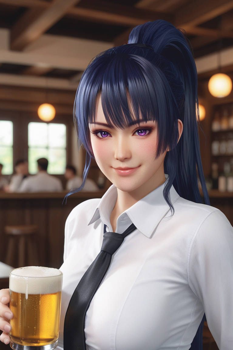 score_9,score_8,score_7_up,ultra detailed,realistic,high_contrast, 
nyotengu \(doa\),
purple eyes, blue hair,long ponytail, hair between eyes,swept bangs,messy_hair, 
large breasts, black necktie,loose_necktie,  white shirt, smile, closed mouth, blush, looking at viewer, holding cup, alcohol, collared shirt, indoors, breast rest, long hair, upper body, beer mug, long sleeves,  blurry background, head tilt, bar (place),
 <lora:doa_nyotengu_pdxl_v10_plus:0.7000000000000001>