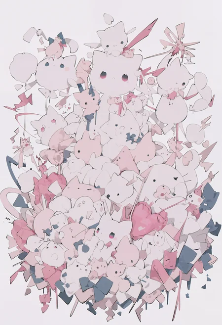 amazing quality, newest, absurdres, hires, chromatic abberation, no humans, stuffed animal, stuffed top, bunnies, cat, pile, pink theme, white theme, <lora:NanmoKaken>