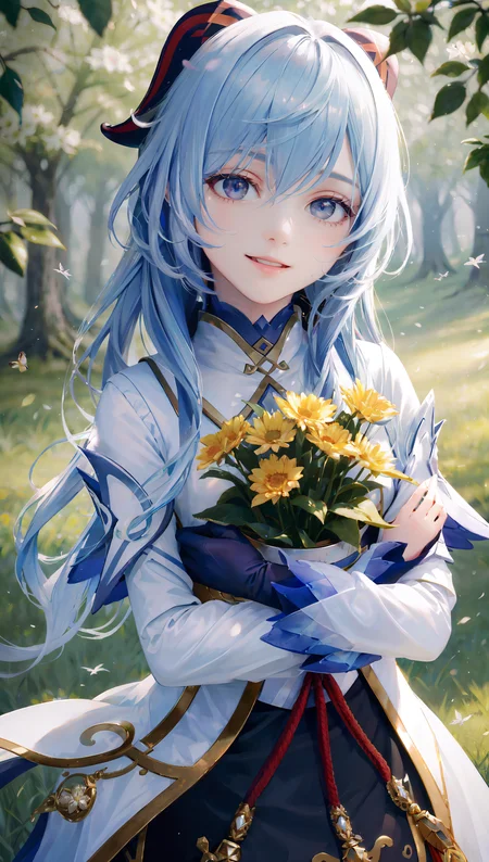 Masterpiece, best quality, 1girl, solo, ganyu \(genshin impact\), :D, mouth open, smile, closeup, headshot, 1girl, solo, forest, trees, sunlight, grass, flowers, bees, birds, hyperrealistic, detailed background, depth of field, rimlighting, specular highlights, bloom, atmospheric lighting  <lora:ganyuGenshinImpact_v10:1>