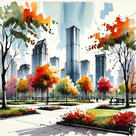 inksketch, landscape, park in front of sky scrapers, autumn,