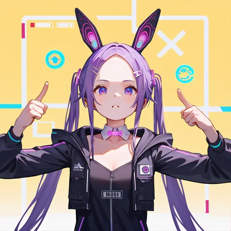 (nsfw:1), (Uncensored:1),
score_9, score_8_up, score_7_up, score_6_up, very detailed illustration,
<lora:LoChan_Pony_V1:0.9>purple eyes, forehead, purple hair, long hair, twintails, rabbit ears, rabbit hairpin,
detached collar, bowtie, choker, bare shoulders,
cyber pank, what, Neon lights, neon signs, holographic interface, neon trim, hologram, gameplay mechanics, science fiction, laser,
(((yellow background, simple bacground,,white background, simple bacground,,)))
face close-up, Thumbs up,
((black jacket, hooded jacket,))