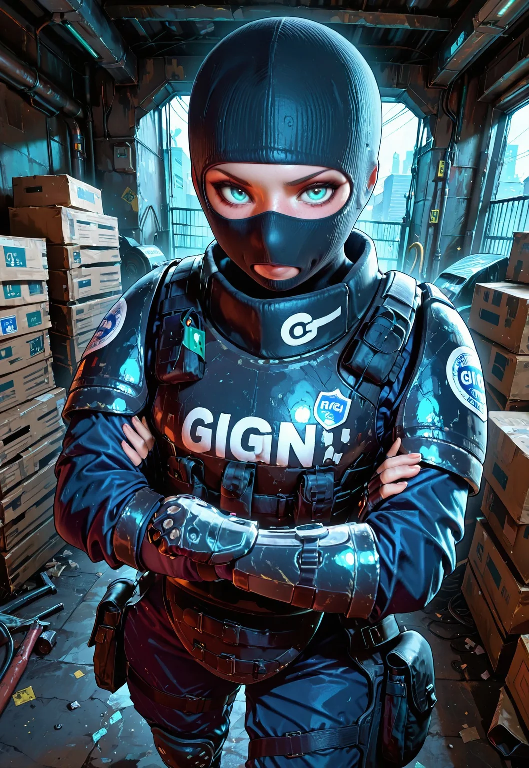 lazypos, masterpiece, best quality, dynamic angle, 1girl, solo, twitchr6s, balaclava, fingerless gloves, body armor, blue shirt, arms crossed, looking at viewer, warehouse, detailed scenery