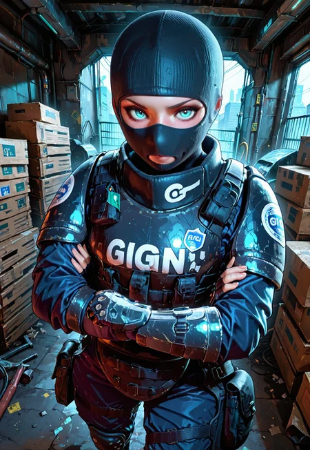 lazypos, masterpiece, best quality, dynamic angle, 1girl, solo, twitchr6s, balaclava, fingerless gloves, body armor, blue shirt, arms crossed, looking at viewer, warehouse, detailed scenery