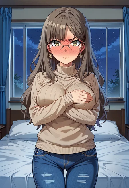 score_9, score_8_up, score_7_up, source_anime, masterpiece, best quality, high quality, highres, cinematic lighting, (solo, front view, closed up face, cowboy shot, bedroom, bed, window, different angles), (Futaba_Rio, brown_eyes, grey_hair, long_hair, large_breasts, rimless_eyewear, simple sweater, brown sweater, blue pants, denim pants, rectangle earrings, covering chest with arms, detail hands, looking at viewer, angry, disgusted, standing, perfect anatomy, anatomically correct hands), (night, Expressiveh, full-face blush, vnbg, modern_bg)