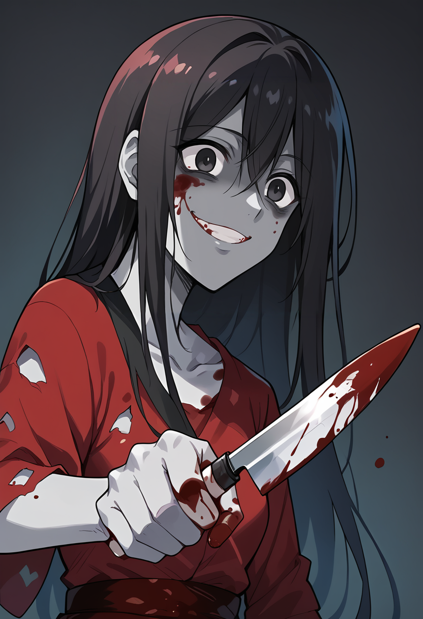 masterpiece, best quality, uncensored, source_anime, score_9, score_8_up, score_7_up, score_6_up, score_5_up, score_4_up, 1girl, solo, sachiko shinozaki, colored skin, grey skin. long hair, black hair, black eyes, red dress, torn clothes, yandere, evil smile, blood, blood on face, blood on clothes, blood on body, holdkknife, upper body,holding,holding knife,kitchen knife <lora:SachikoShinozaki:0.8> <lora:HoldingKnife_Pony_V1.0:1>