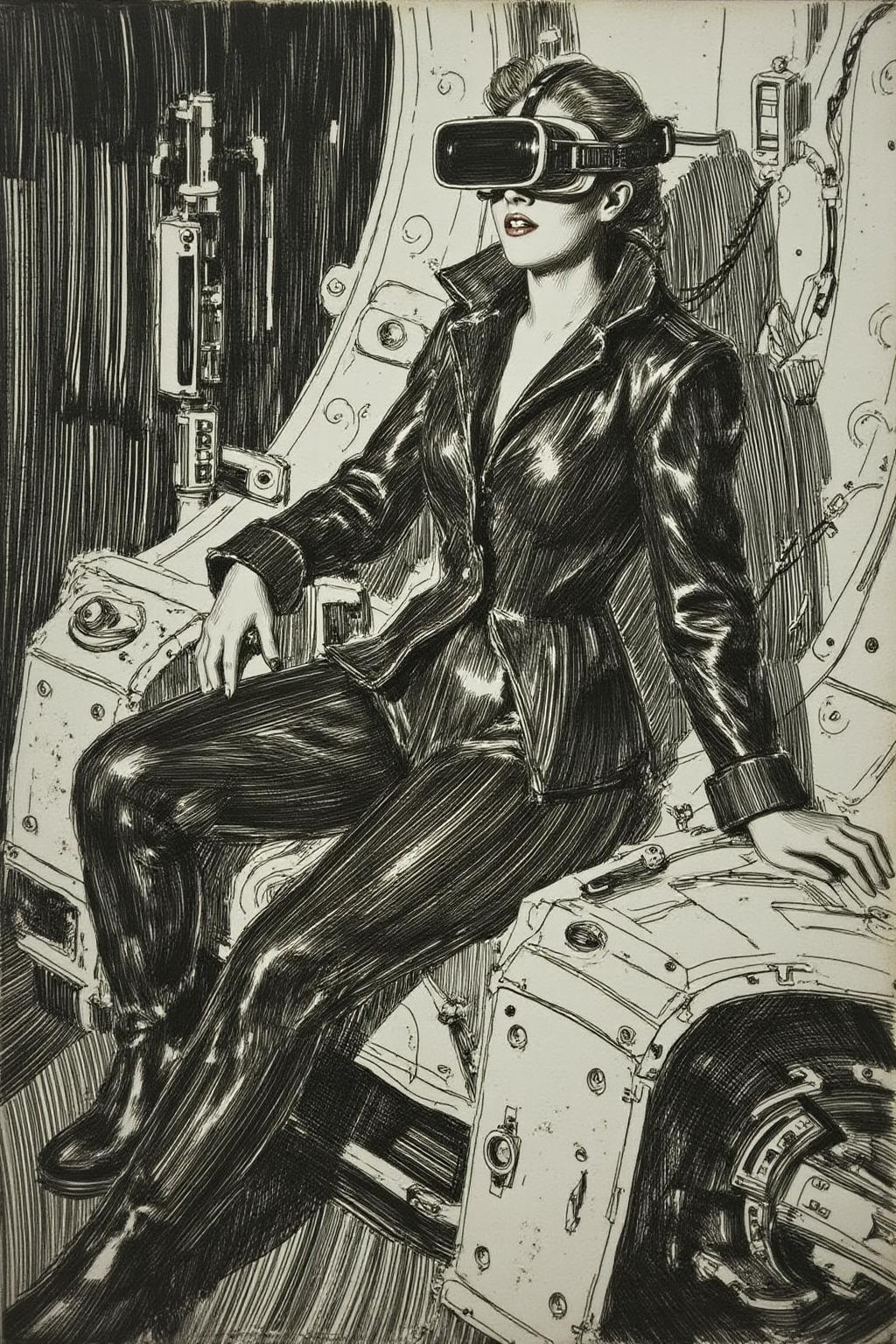 anzo1 black and white etching.
A striking, futuristic scene depicts a woman dressed in sleek, form-fitting leather attire, sitting confidently atop an open power suit, inspired by the cyberpunk aesthetics of Masamune Shirow. The power suit, a blend of advanced technology and military-grade armor, features intricate mechanical details, exposed wiring, and a robust, yet streamlined design. The woman, wearing a cutting-edge VR headset, exudes a sense of control and mastery over the machine beneath her. Her posture is relaxed yet commanding, with one hand resting on the suit's metallic surface and the other casually holding a piece of advanced tech. The background is a high-tech industrial setting, with dim lighting that casts dramatic shadows, highlighting the fusion of human and machine. The overall atmosphere is one of futuristic coolness and cybernetic elegance, capturing the essence of Shirow's iconic style <lora:anzo1_nocap_d6a3:1.0><lora:815137127517118445:0>