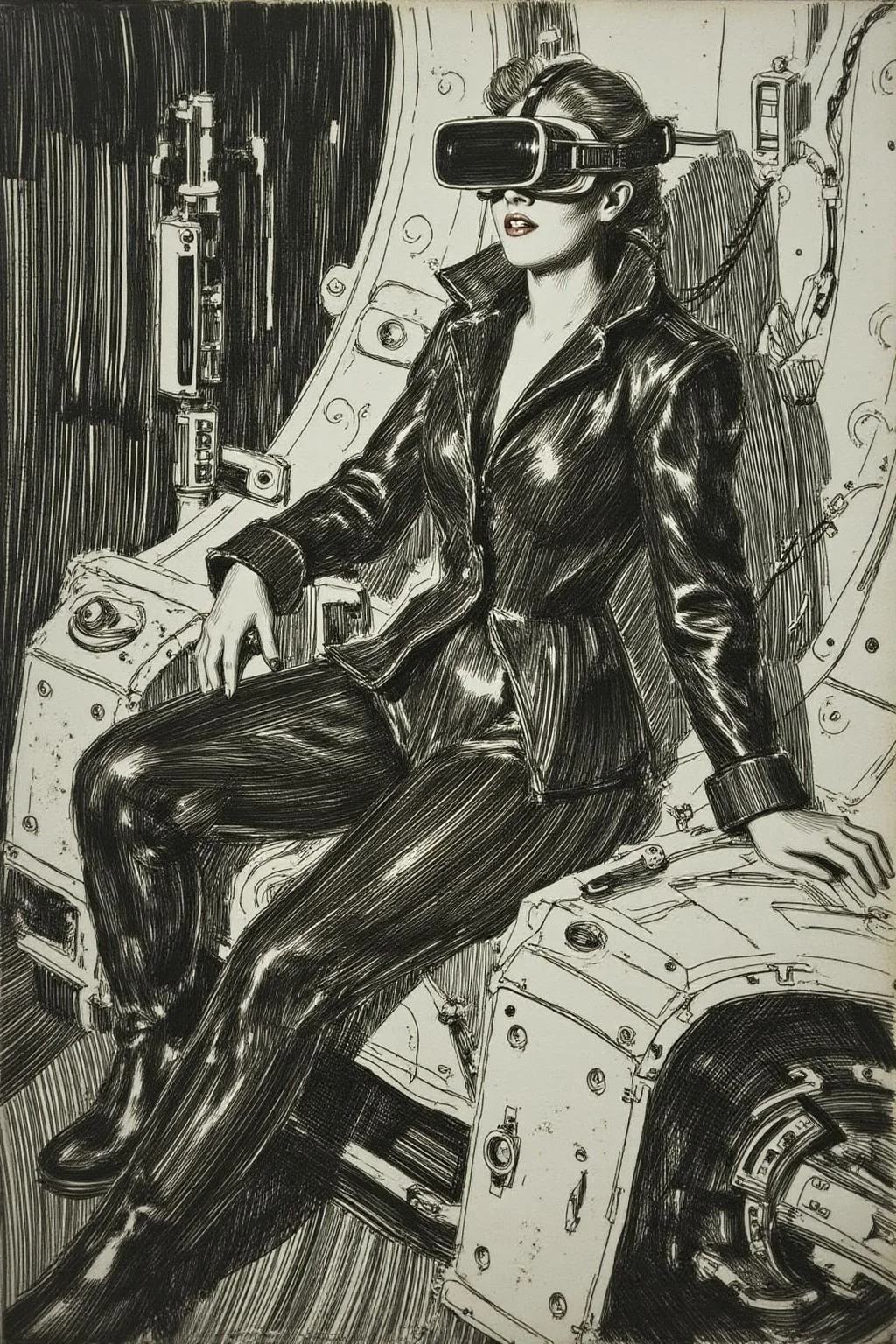 anzo1 black and white etching.
A striking, futuristic scene depicts a woman dressed in sleek, form-fitting leather attire, sitting confidently atop an open power suit, inspired by the cyberpunk aesthetics of Masamune Shirow. The power suit, a blend of advanced technology and military-grade armor, features intricate mechanical details, exposed wiring, and a robust, yet streamlined design. The woman, wearing a cutting-edge VR headset, exudes a sense of control and mastery over the machine beneath her. Her posture is relaxed yet commanding, with one hand resting on the suit's metallic surface and the other casually holding a piece of advanced tech. The background is a high-tech industrial setting, with dim lighting that casts dramatic shadows, highlighting the fusion of human and machine. The overall atmosphere is one of futuristic coolness and cybernetic elegance, capturing the essence of Shirow's iconic style <lora:anzo1_nocap_d6a3:1.0><lora:815137127517118445:0>