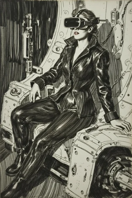 anzo1 black and white etching.
A striking, futuristic scene depicts a woman dressed in sleek, form-fitting leather attire, sitting confidently atop an open power suit, inspired by the cyberpunk aesthetics of Masamune Shirow. The power suit, a blend of advanced technology and military-grade armor, features intricate mechanical details, exposed wiring, and a robust, yet streamlined design. The woman, wearing a cutting-edge VR headset, exudes a sense of control and mastery over the machine beneath her. Her posture is relaxed yet commanding, with one hand resting on the suit's metallic surface and the other casually holding a piece of advanced tech. The background is a high-tech industrial setting, with dim lighting that casts dramatic shadows, highlighting the fusion of human and machine. The overall atmosphere is one of futuristic coolness and cybernetic elegance, capturing the essence of Shirow's iconic style <lora:anzo1_nocap_d6a3:1.0><lora:815137127517118445:0>