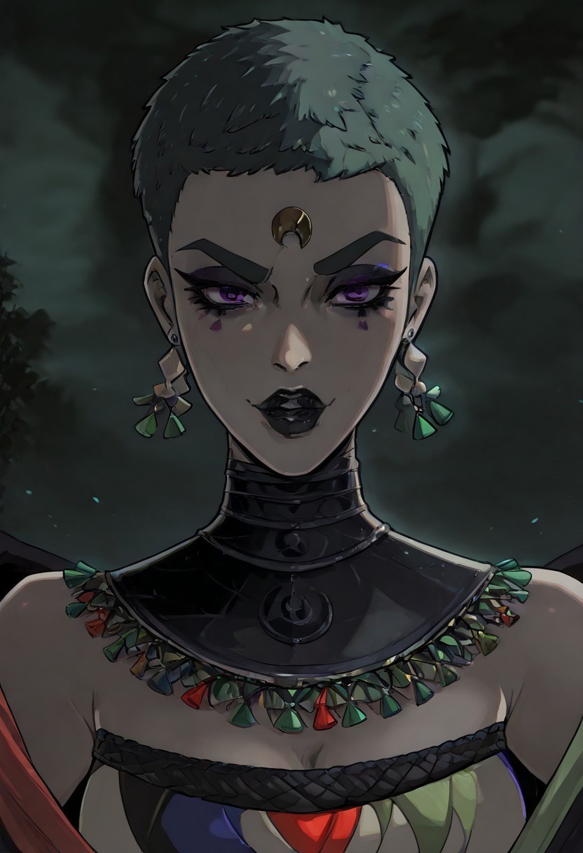 masterpiece, best quality, newest, absurdres, highres, HadesCharacterArtstyle-IL-V1.0, 1girl, Eris-ILV1.0, short hair, Purple eyes, green hair, jewelry, earrings,
eyliner, makeup, lipstick, black lips,