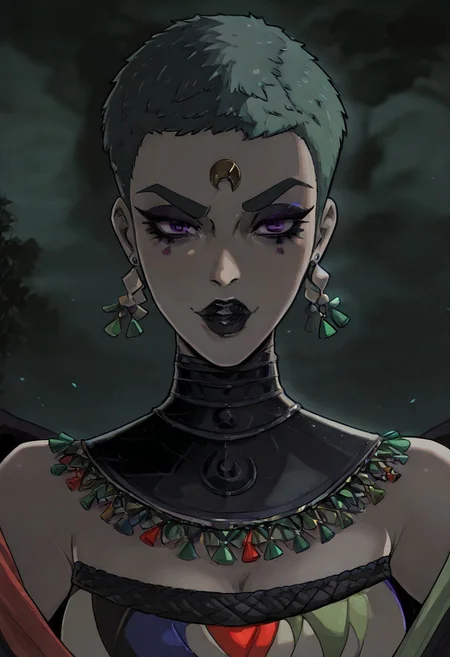 masterpiece, best quality, newest, absurdres, highres, HadesCharacterArtstyle-IL-V1.0, 1girl, Eris-ILV1.0, short hair, Purple eyes, green hair, jewelry, earrings,
eyliner, makeup, lipstick, black lips,