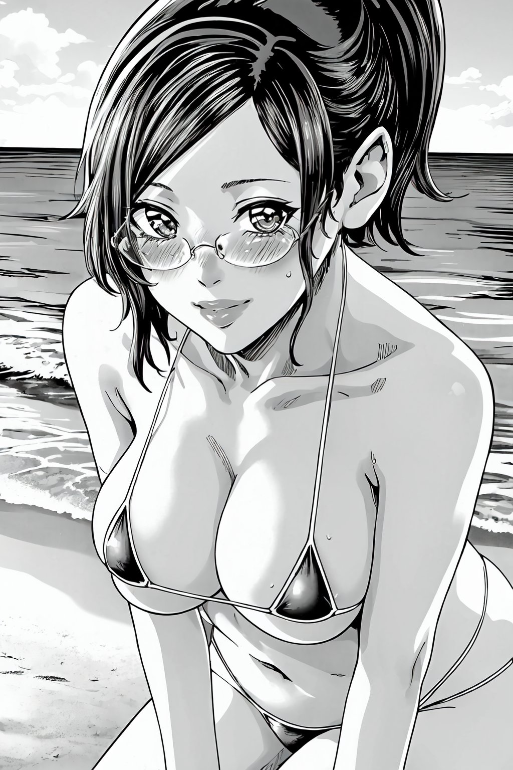 (masterpiece, best quality:1.2), highres, (greyscale, monochrome:1.2), 1girl, solo, blush, seductive smile,
Kayoko_Hoshi, mature female, short hair, ponytail, bangs, sidelocks, glasses, rimless eyewear, large breasts, lips,
micro bikini, breasts apart, 
outdoors, beach, looking at viewer, 
<lora:add_detail_CyberAlchemist:0.2>, <lora:GoodHands-beta2:0.8>, <lora:KayokoHoshi-000010:0.9>