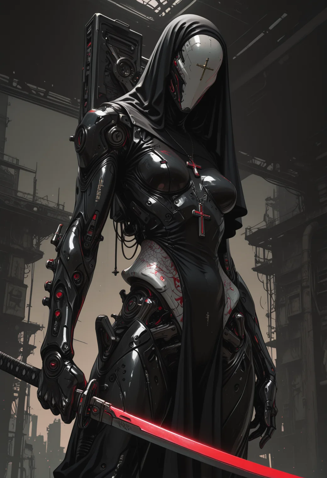 masterpiece,best quality,amazing quality,32k,ultra detailed, 1girl, cybrorg, humanoid, covered face with cyborg mask with engraved cross, big cross pendant, futuristic design, skinny, anthropomorphic creature from steel and chrome, carbon armor as clothes, composite armor, armor joints glow neon red, nun style, holy cyborg, close up, dutch angle, holds one katana in hand, warframe videogame style,hand over handles, hand forward, combat stance, dynamic angle. grunge futurism, dynamic pose, sin city vibes, social dystopia, sinozick_illu, arsmjstyle, <lora:Sinozick_style:0.65> <lora:HyperdetailedColoredPencilIl:0.25> <lora:illustriousXL_stabilizer_v1.23:0.35>, <lora:- iLL - the_edgy_mech_V2.0-:0.5>