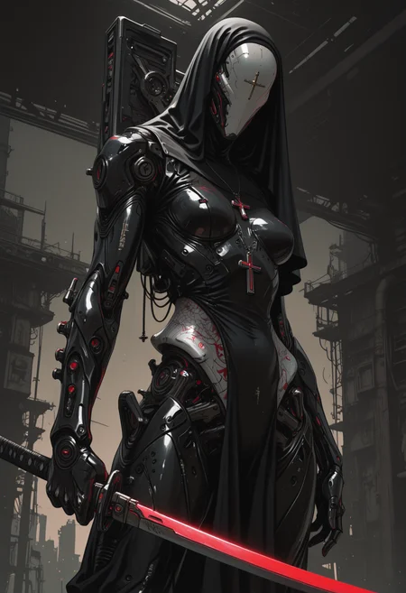 masterpiece,best quality,amazing quality,32k,ultra detailed, 1girl, cybrorg, humanoid, covered face with cyborg mask with engraved cross, big cross pendant, futuristic design, skinny, anthropomorphic creature from steel and chrome, carbon armor as clothes, composite armor, armor joints glow neon red, nun style, holy cyborg, close up, dutch angle, holds one katana in hand, warframe videogame style,hand over handles, hand forward, combat stance, dynamic angle. grunge futurism, dynamic pose, sin city vibes, social dystopia, sinozick_illu, arsmjstyle, <lora:Sinozick_style:0.65> <lora:HyperdetailedColoredPencilIl:0.25> <lora:illustriousXL_stabilizer_v1.23:0.35>, <lora:- iLL - the_edgy_mech_V2.0-:0.5>