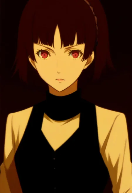 (source_anime), 1 girl, solo, nsfw, aged up, defMako, p5makoto, niijima makoto, short hair, bangs, brown hair, long sleeves, uniform, pantyhose, pleated skirt, turtleneck, plaid skirt,crown braid,uniform, black vest,