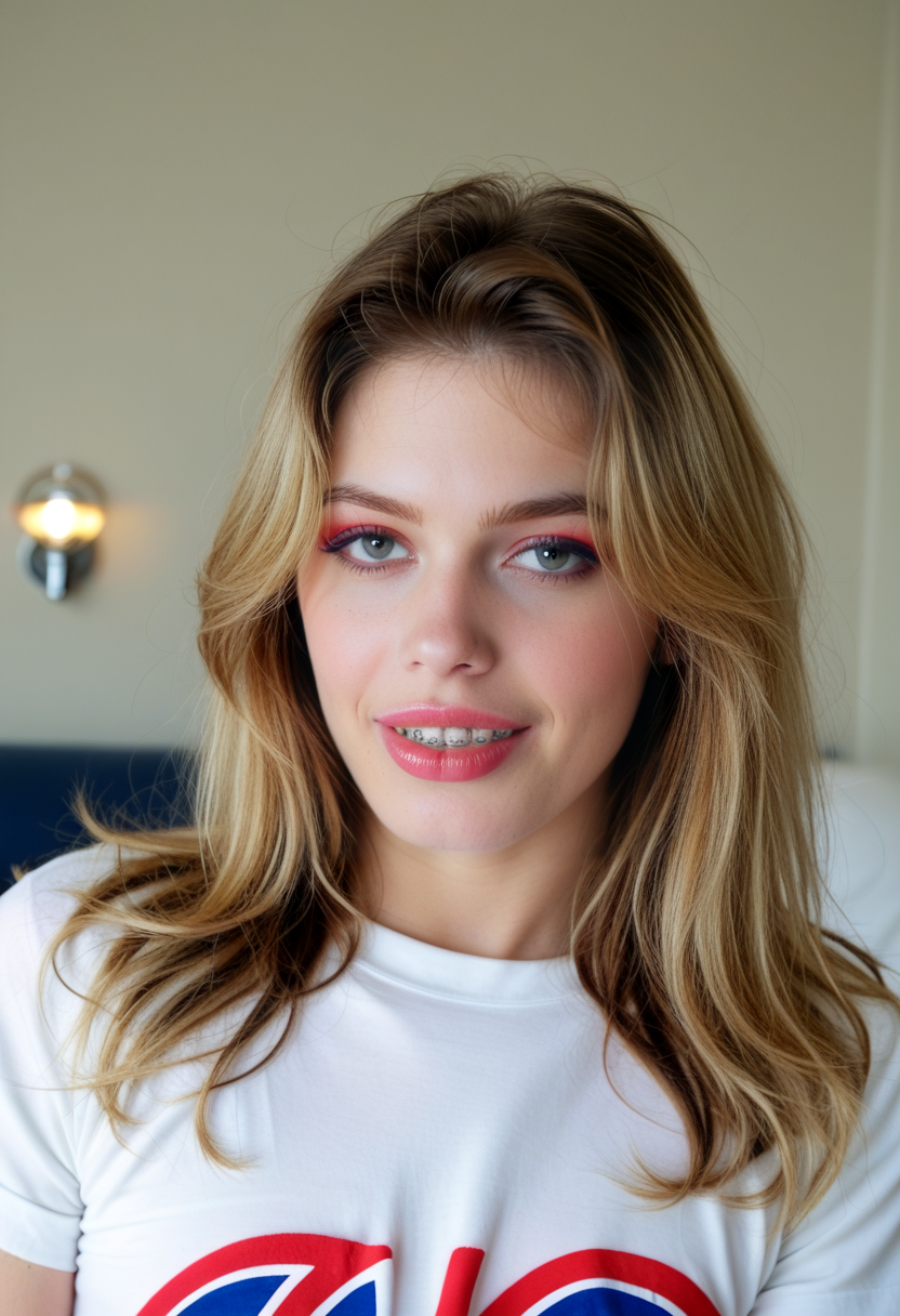 score_9, score_8_up, score_7_up, CarlaC4rd1ll3, Carla Cardille, <lora:CarlaC4rd1ll3-pony:1>, 1girl, makeup, lips, space buns hair, big lips, lip gloss, braces, (bobbed hair), blonde hair, tee-shirt, nasa, retro, portrait, solo, looking at viewer, bokeh, focus, film, velvia, artistic, best quality, photograph, focus