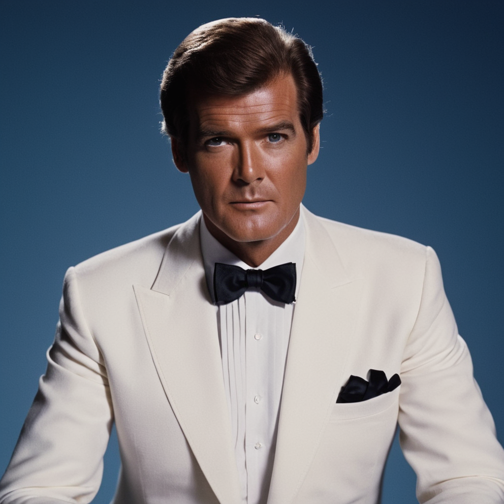 cinematic film still of  <lora:James Bond 007 style:0.9> detailed sharp image of
Roger Moore jamesbond4 a man in a white suit and bow tie,solo,looking at viewer,black hair,1boy,bow,upper body,male focus,dark skin,bowtie,blue background,formal,dark-skinned male,suit,realistic , dramatic light, dramatic shadow light, contrast, cinematic color, cinematic look, filmic, realistic, realism, perfection, perfect, Kodak, Kodak film, movie still, spy film, action themed, espionage, James Bond style, James Bond film style, 007 style, 007 film style, shallow depth of field, vignette, highly detailed, high budget, bokeh, cinemascope, moody, epic, gorgeous, film grain, grainy