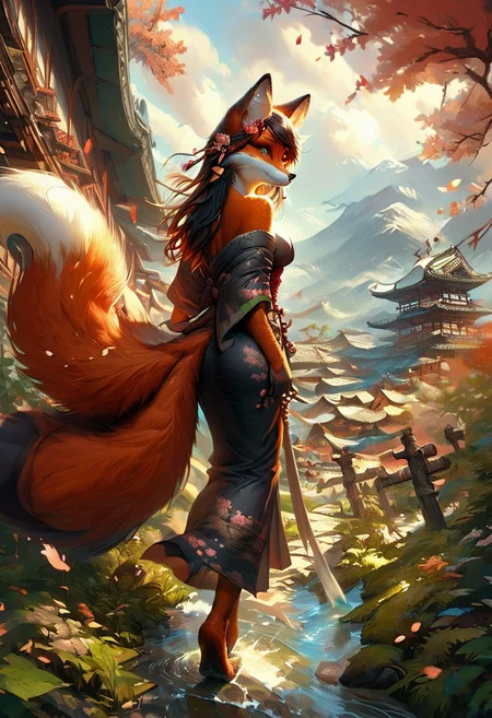 score_9_up,score_8_up,score_7_up,(masterpiece),(best quality),hyper detailed,perfect anatomy,anthro fox girl,foxfolk,dazzling,perfect face,
sexy,seductive,long hair,cleavage,black hair,print_kimono,furisode,orange furr,
wind_lift,dusk,outdoor,in spring,falling petals,cherry blossoms,looking_back,looking_at_viewer,dynamic_angle,