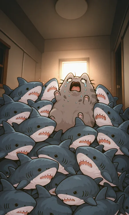 embedding:IllusP0s, scared, stuffed shark, pusheen, screaming, crying, dramatic, contrast lighting, no humans,<lora:PusheenIXL.safetensors:1.0:1.0> <lora:blahaj swarm_Illustrious.safetensors:1.0:1.0>