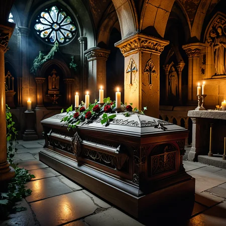 horror-themed A dramatic and atmospheric photograph of the interior of an ancient crypt, dimly lit by flickering candlelight. The crypt features old, cracked stone walls covered in moss and ivy, with intricate carvings and Gothic details etched into the stone. At the center of the crypt lies an ornate vampire coffin, made of dark, polished wood with silver and gold inlays, adorned with ancient symbols and intricate Gothic patterns. The coffin is slightly ajar, revealing a glimpse of red velvet lining. Surrounding the coffin are scattered bones, dusty cobwebs, and antique candelabras with melting candles, casting eerie shadows across the crypt. The mood is dark, mysterious, and hauntingly beautiful, with subtle rays of pale moonlight filtering through a small, broken stained-glass window.
<lora:SDXLFaeTastic2400:0.4> <lora:extremely_detailed:0.4> extremely detailed,, eerie, unsettling, dark, spooky, suspenseful, grim, highly detailed, Masterpiece,best quality,hi res,8k,hi res,8k,award winning,(sharp focus, intricate, highly detailed),