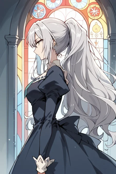 score_9, score_8_up, score_7_up, score_6_up,
<lora:Shizuma_Hanazono:1> shizuma, 1girl, stained glass, solo, long hair, ponytail, grey hair, profile, long sleeves, puffy sleeves, juliet sleeves, dress, from side, miator