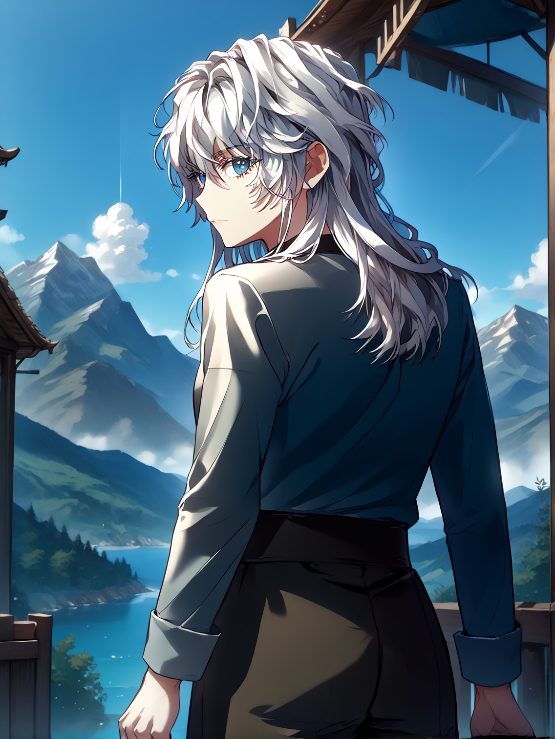 <lora:Icarus:1>
white hair, long hair, loose hair, blue eyes, black pants <lora:!action-sdxl-V0.5:1>
score_9, score_8_up, score_7_up, source anime, BREAK,  cowboy shot, (from side), looking back, looking at viewer, overlooking mountain, high altitude, scenery, exterior,  background, (solo), neutral expression, perfect hands,  <lora:light:1> <lora:Eyes_High_Definition:1>