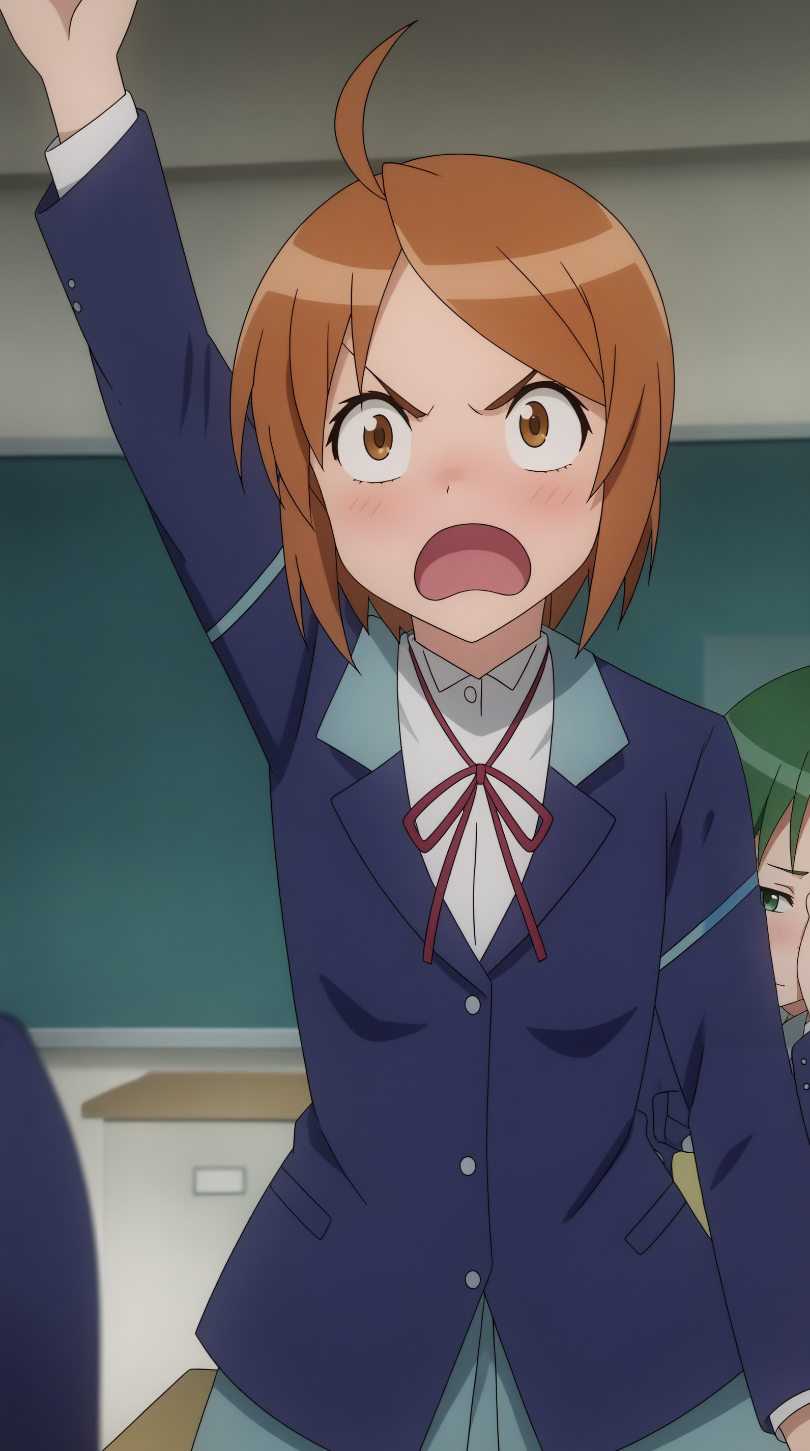 score_9, score_8_up, score_7_up,anime_source, source_anime, best background, detailed background, anime screencap, 4k, upscale,  Hinako Kominato, Main Outfit, blush, open mouth, standing, solo focus, indoors, arm up, :o, v-shaped eyebrows, frown, angry, desk, classroom, school desk, chalkboard, locker, peeking  <lora:JN_Hinako_Kominato_Pony:0.8>
