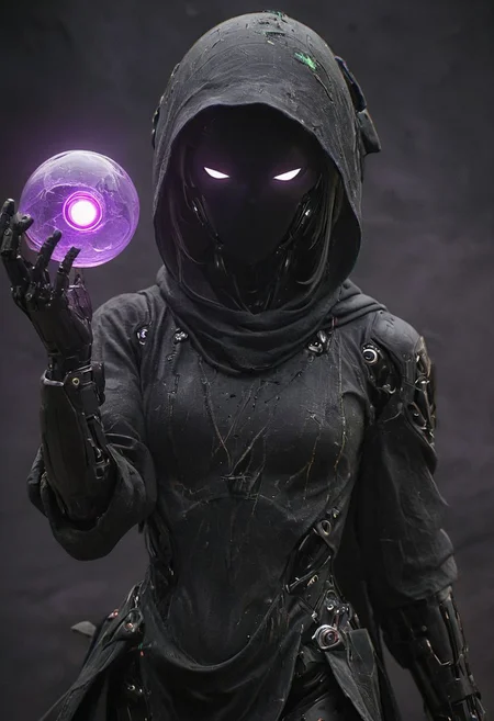 Craft a captivating vibrant dark black-neon caption for a photo capturing the essence of a cyborg Bedouin sorcerer in fight stance, defying expectations by conjuring a whimsical robot 'freak' from an oversized sedge  hat. ethereal, smoky backdrop. throwing a translucent dark-gree/tanslucent purple/black Pokemon Ball, 
 very detailed, atmospheric haze, Film grain, cinematic film still, shallow depth of field, highly detailed, high budget, cinemascope, moody, epic, OverallDetail, gorgeous, 2000s vintage RAW photo, photorealistic, candid camera, color graded cinematic, eye catchlights, atmospheric lighting, skin pores, imperfections, natural, shallow dof