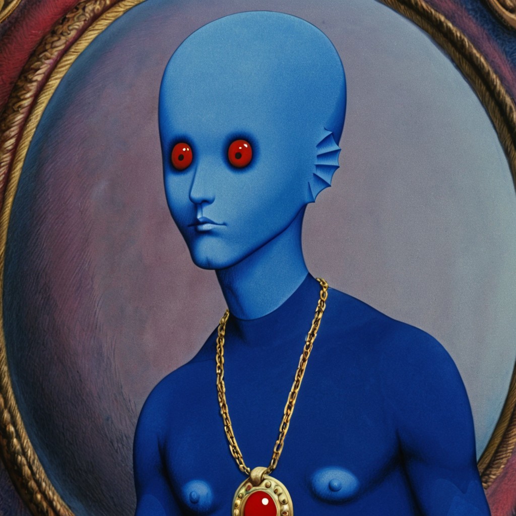 masterpiece,high resolution,8k, fantasticplanet, a blue alien with red eyes and a body painted blue with gold chains and a red eye,