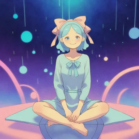 <lora:puuung-000014:0.7>,puuung,romantic ambiance,illustration,female,anime character,blue hair,futuristic,pastel colors,abstract background,fantasy,light effects,smiling,seated pose,youthful,vibrant,digital art,illustration,soft focus,high saturation,ethereal atmosphere,headband with bow,