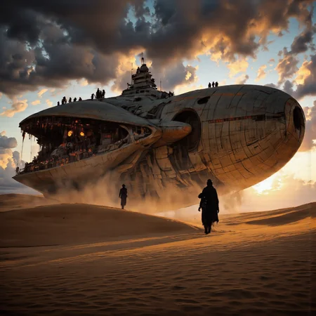 Art by Ronan Le Fur. A photo-realistic shoot from a far camera angle about a futuristic, alien-looking ship in a desert landscape during sunset. the image also shows two silhouetted figures standing in front of a large, imposing, alien spaceship. on the left side of the image, a group of people can be seen standing on top of the ship, while on the right side, a man and a woman are standing on the sand, facing away from the camera. the man is holding a gun in his right hand, while the woman is holding an object in her left hand. in the background, the sky is filled with dark, ominous clouds and the sun is setting, casting a warm orange glow over the scene. the ship itself is large and imposing, with a massive, open mouth and glowing eyes, giving it an eerie and mysterious appearance. the atmosphere is dramatic, with the sand casting shadows and the dramatic lighting adding to the sense of depth and dimensionality.