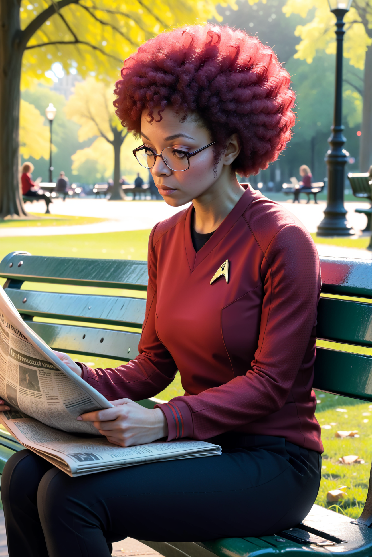 woman with afro in red stsnwunf,reading a newspaper on a bench in a park<<lora:SNWXLV2:0.8>, masterpiece, best quality, soft light, bokeh, real shadow, cinematic, subsurface scuttering