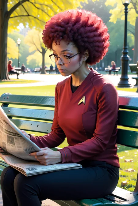 woman with afro in red stsnwunf,reading a newspaper on a bench in a park<<lora:SNWXLV2:0.8>, masterpiece, best quality, soft light, bokeh, real shadow, cinematic, subsurface scuttering