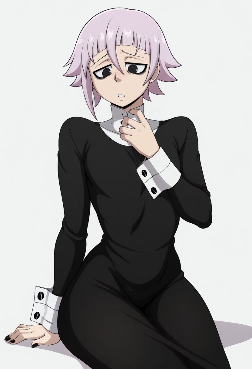 (masterpiece,amazing quality,best quality,anime coloring,beautiful colors,very aesthetic,digital art,illustration,perfect composition,intricate details,absurdres,incredibly absurdres, perfect body, sexy,shadows),(((((white background))))),<lora:blackwhiplash(bwl)-guy90-Illust-Lycorisv1:1>,blaash,<lora:crona:1>,crona,short hair,long sleeves,dress,pink hair,purple hair,black eyes,black dress,black nails,long dress,bags under eyes,cowboy shot,white background,parted lips,wrist cuffs,cowboy shot,sitting,